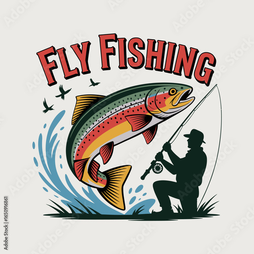 An engaging illustration of a fisherman catching a colorful trout, reflecting the joy and tranquility of fly fishing amidst a beautifully designed nature backdrop. Perfect for enthusiasts!