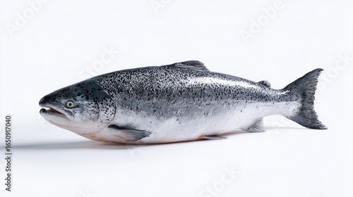 A whole salmon lies on a white background, showcasing its silvery scales and dark spots. Its body is slightly curved, and its fins are clearly visible