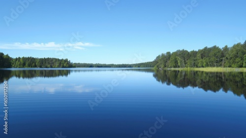 Serene Summer Lakeside: Where Mountains Mirror in Calm Blue Waters