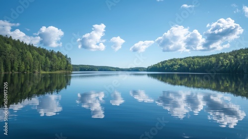 Serene Summer Lakeside: Where Mountains Mirror in Calm Blue Waters