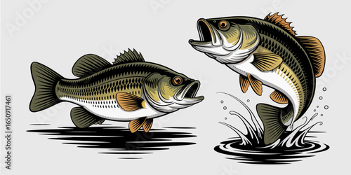 This artwork features two bass fish splashing joyously in the water, capturing the dynamic interaction between aquatic life and the beauty of nature in an artistic style.