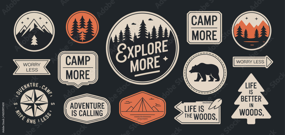 Fototapeta premium This vibrant collection of designs features mountains, trees, bears, and adventure-related phrases, perfect for those who appreciate nature and the great outdoors.