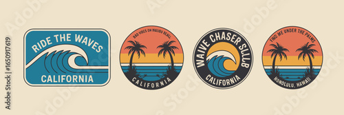 A nostalgic set of vintage-style beach logos emphasizing waves and California vibes, appealing to nature lovers and those who cherish the coastal lifestyle and adventure.