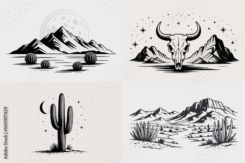 A diverse collection of desert motifs showcasing mountains, cacti, and simple skull imagery that reflects both the beauty and ruggedness of nature in graphic design.
