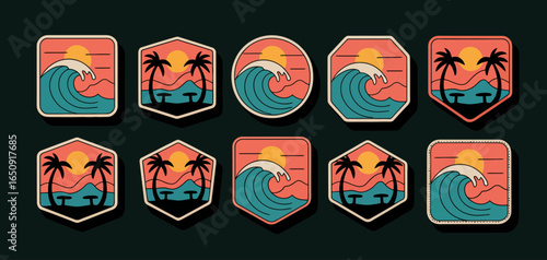 Enjoy a dynamic collection of stickers showcasing invigorating beach waves and lush palm trees, capturing the essence of summer fun and carefree beach experiences.