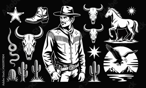 This dynamic black and white illustration depicts a cowboy positioned among various symbols of the western lifestyle, showcasing adventure, ruggedness, and tradition.