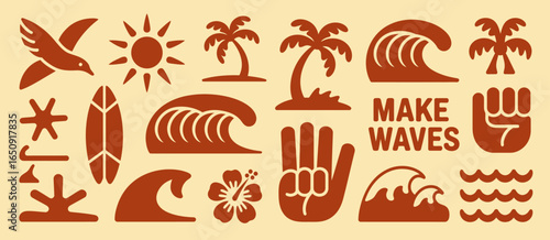 This vibrant illustration features ocean waves, palm trees, and sun icons, all in a warm color palette that evokes a playful beach atmosphere perfect for summer vibes.