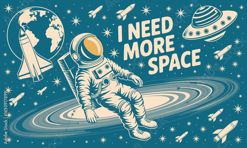 This captivating illustration features an astronaut floating in space, surrounded by planets and rockets, symbolizing the desire for exploration and adventure in the cosmos.