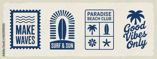 This collection of nostalgic logos creatively combines graphics of surfing and beach culture, evoking feelings of summer joy and sunny adventures at the coast.