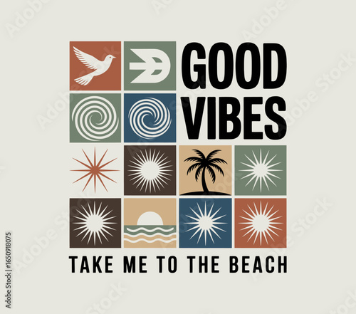 This artwork combines whimsical beach motifs with a vintage-inspired color palette, creating an inviting atmosphere that conjures feelings of joy, relaxation, and nostalgia.