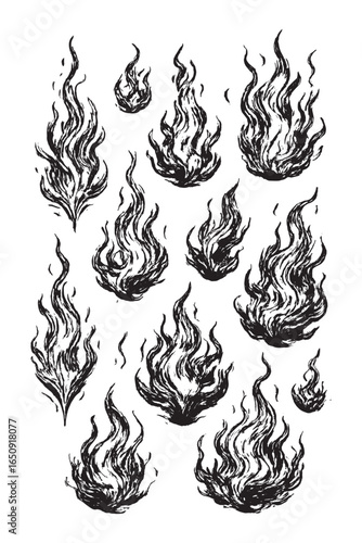 Hand-drawn flame illustrations in vintage engraving style, swirling fire shapes perfect for tattoo, posters, grunge, or hot design themes.