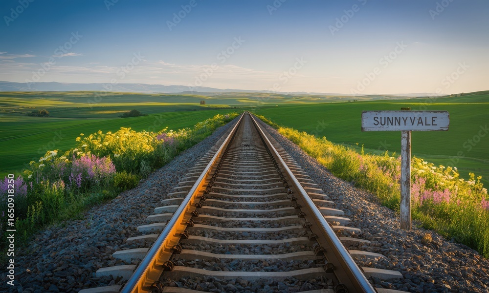 Fototapeta premium Railroad tracks through a green countryside landscape at sunrise