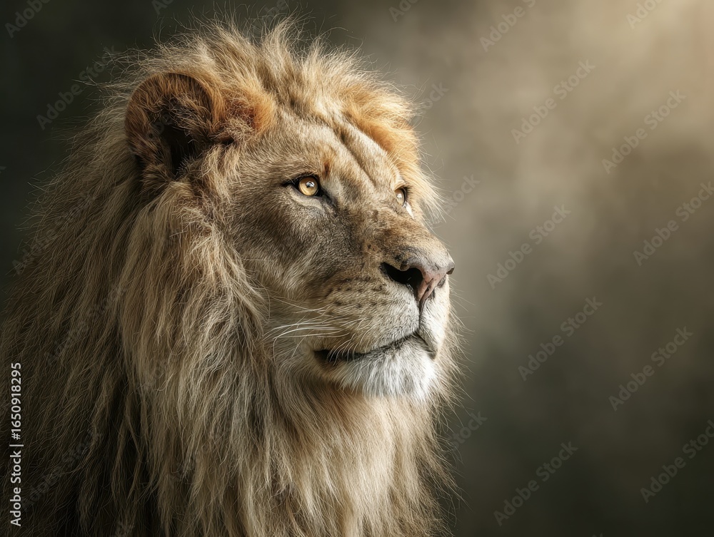 Fototapeta premium Majestic Lion with Golden Mane in Intense Stare, Against Ethereal Savannah Backdrop