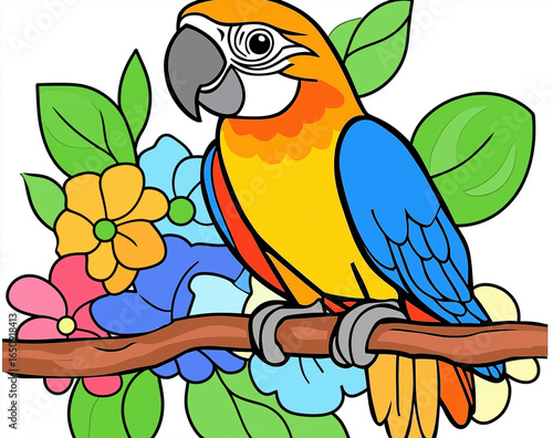 Cute cartoon parrot sitting on a tropical tree branch with colorful feathers and leaves