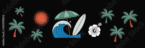 With stylized beach elements and a surfing spirit, this image encapsulates the essence of a carefree summer lifestyle along the coast, perfect for vacation-themed projects.