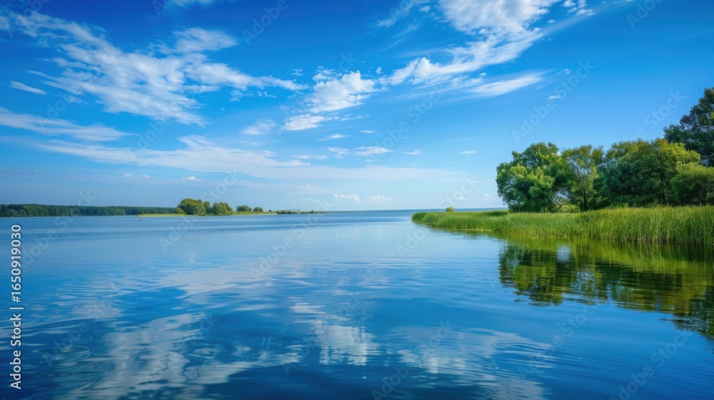 Obraz premium Serene Summer Lakeside: Where Mountains Mirror in Calm Blue Waters