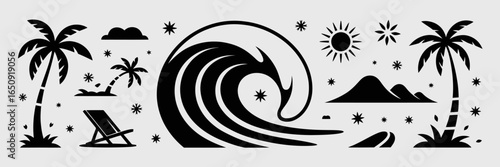 An artistic representation featuring a powerful wave alongside palm trees, a vibrant sun, and beach elements, symbolizing adventure and the thrill of surfing.