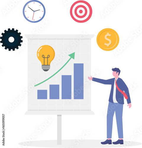 Flat illustration of businessman activating central hub of floating data chart to illuminate idea clarity and digital insight

