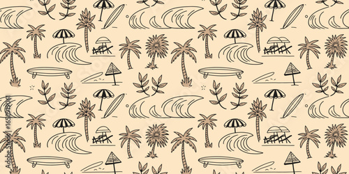 A harmonious abstract design showcasing various beach elements like palm trees and surfboards, inviting viewers to feel the warm vibes of a summer getaway.