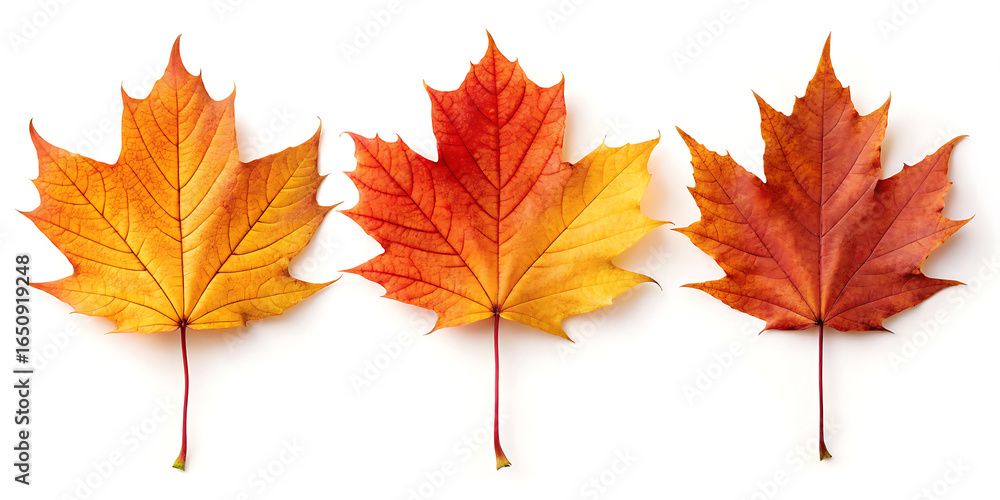 Fototapeta premium Three maple leaves in varying shades of orange red and yellow on a clean white background studio shot