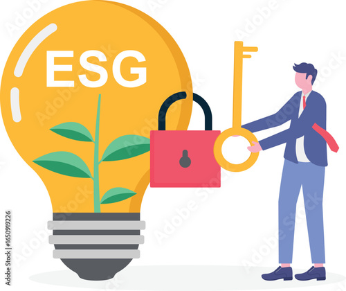 Flat illustration of employees unlocking green ESG lightbulb with teamwork key to activate clean energy initiatives
