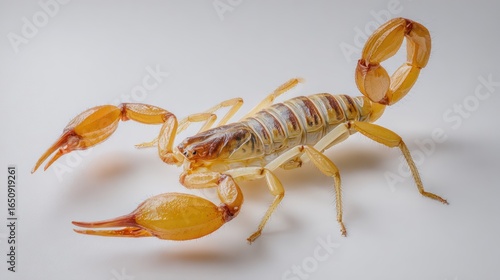 A detailed close-up of a pale yellow scorpion, showcasing its segmented body, powerful claws, and curled tail, set against a stark white background