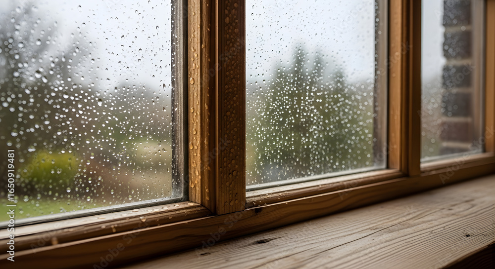 Fototapeta premium Raindrops on a Wooden Window Pane in Overcast Weather