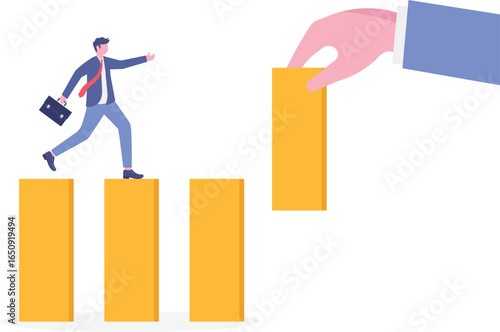 Flat illustration of business leader placing domino tiles to build workflow path while team follows


