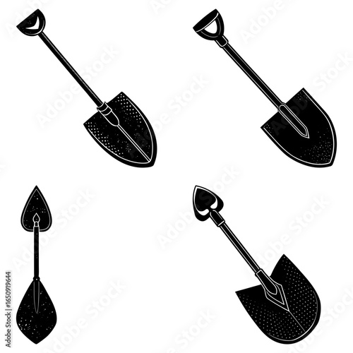 Four shovels in different designs with black color and white background in a vector illustration