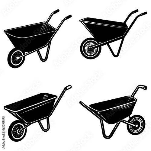 Illustration showing four black and white wheelbarrows in various orientations and perspectives view image