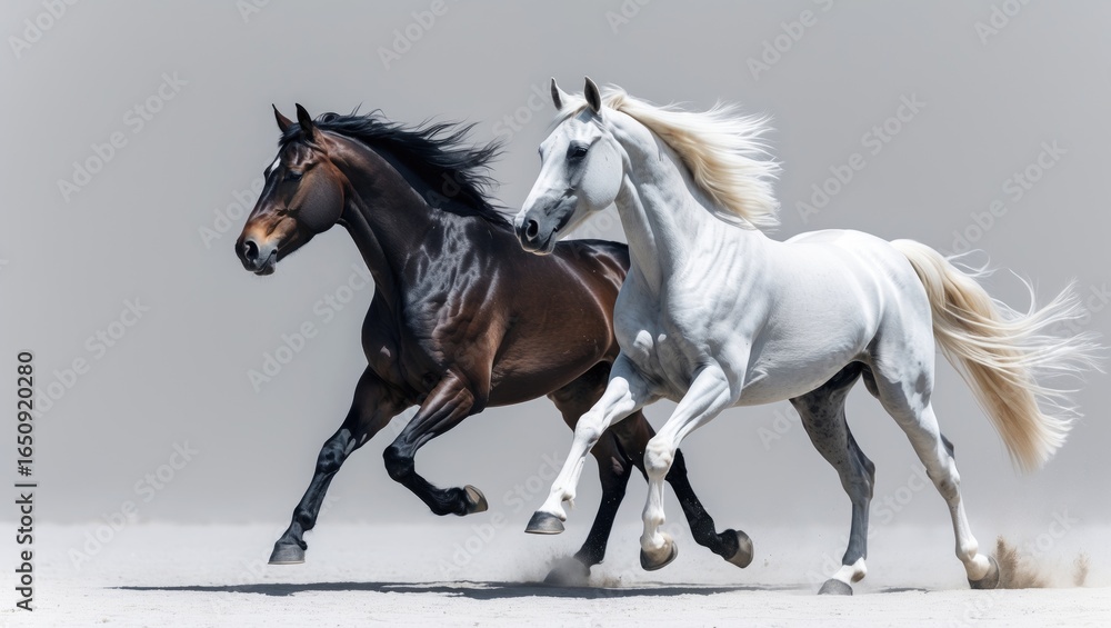 Fototapeta premium Two horses running side by side in a race on a sandy surface.