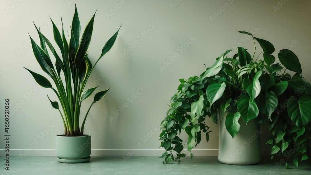 Fototapeta premium Two potted houseplants indoors against a plain wall, showcasing greenery and indoor gardening.