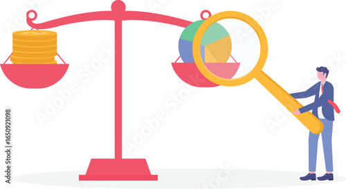 Flat illustration of businessman using magnifier to weigh coin and chart sheet on balance scale for financial analysis and decision making
