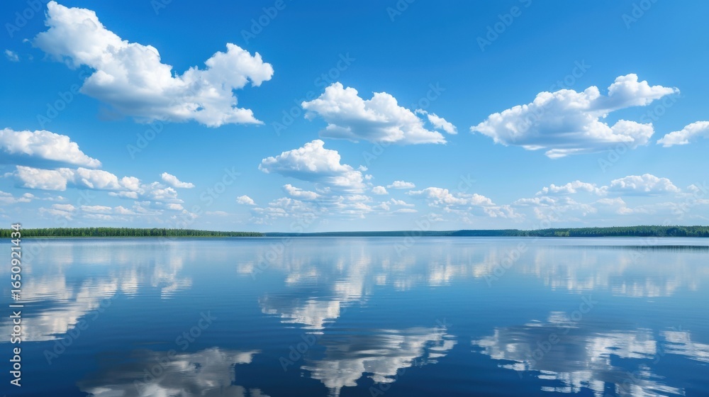 Fototapeta premium Serene Summer Lakeside: Where Mountains Mirror in Calm Blue Waters