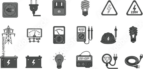 Electric power icons set, voltage meter, power plug, battery, light bulb, electric warning signs, multimeter, electrical safety, energy symbols vector
