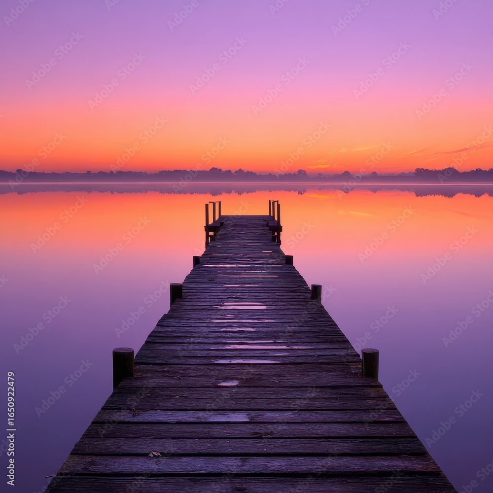 Fototapeta premium Serene sunrise over calm lake, wooden pier extends to misty horizon, peaceful morning scene, ideal for travel brochures