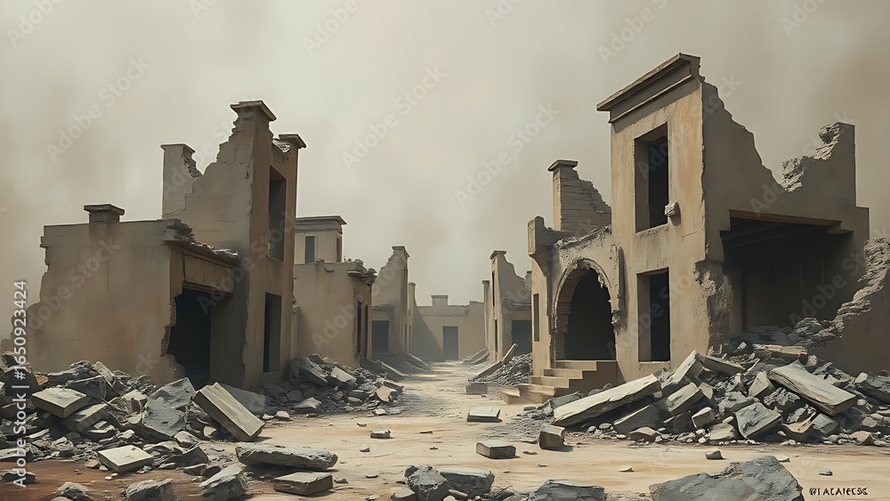 Obraz premium Crumbling abstract structures in muted tones, representing fragile societal foundations.