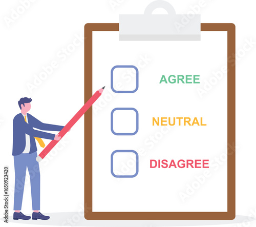 Flat illustration of businessman with giant pencil selecting option from checklist for decision making approval feedback and survey answer response


