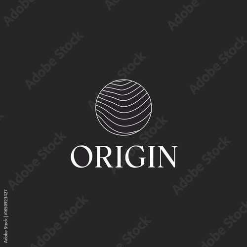 Abstract circular wave pattern logo with the word origin silhouette isolated on white background