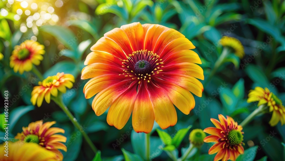 Obraz premium Vivid flower in bloom with yellow and red petals, surrounded by green foliage and other similar flowers.