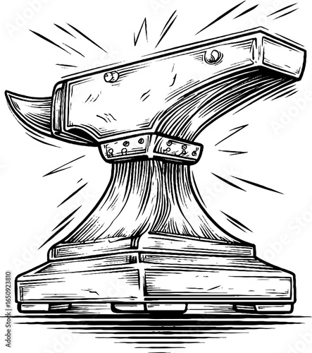 Vintage engraved anvil illustration with black bold lines for retro design and decor projects