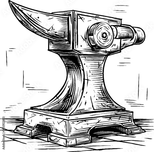Vintage engraved illustration of anvil in bold black lines for retro design