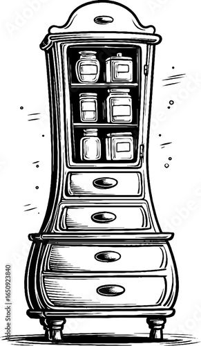 Vintage engraving of apothecary cabinet - hand drawn silhouette for retro design