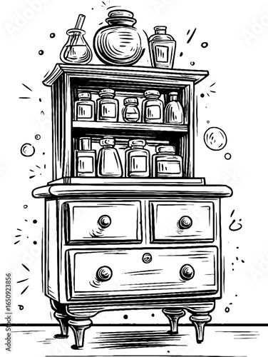 Vintage apothecary cabinet sketch with hand drawn engraving for retro design