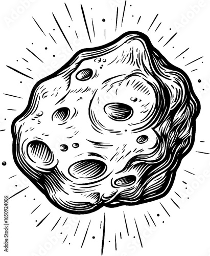 Engraved asteroid sketch in bold black lines for space-themed design