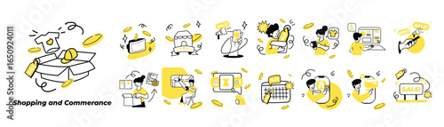 Set of shopping and e-commerce illustrations in Yellow and modern style. Online store, sale, delivery, and customer shopping activities.