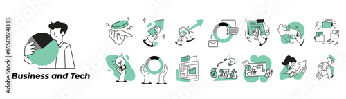 Set of business and technology illustrations. Characters, hands, and objects representing startup, growth, data analysis, and digital marketing. Flat isolated vector illustrations on white background.