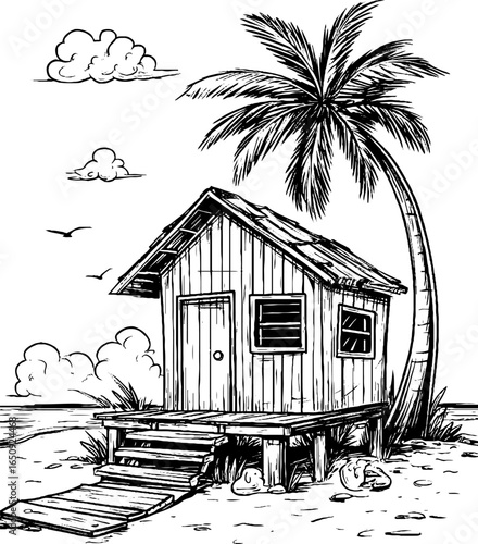 Engraved illustration of beach hut and palm tree on seaside