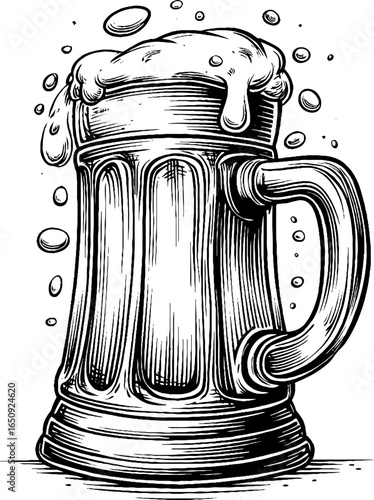 Vintage engraved beer stein illustration with foaming top for pub decor or bar design