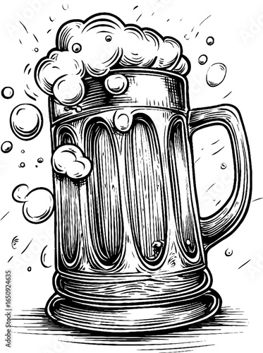 Vintage beer stein engraving with foam bubbles - retro beverage illustration for design projects